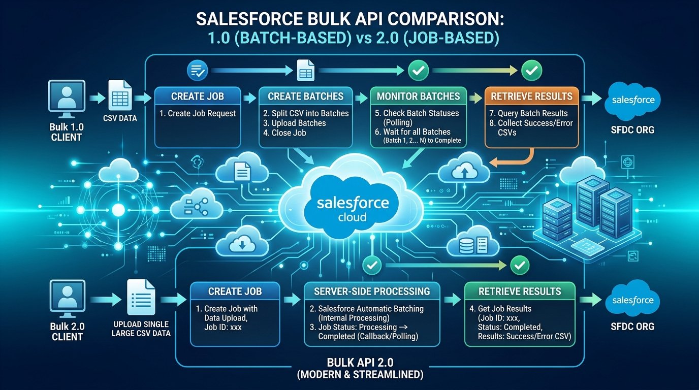 Salesforce Bulk API 2.0 vs Bulk API 1.0 Architecture Comparison Diagram